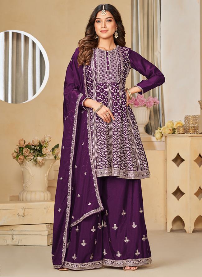 Chinnon Silk Purple Eid Wear Embroidery Work Sharara Suit